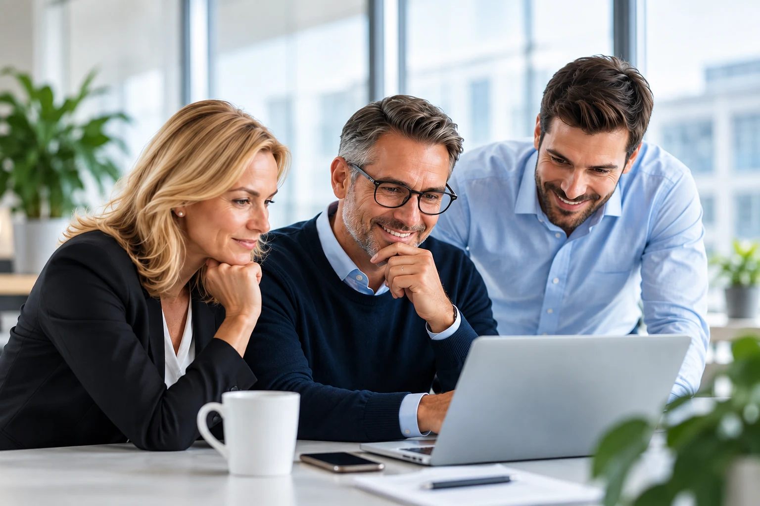 Three leaders looking together at an analysis on a laptop