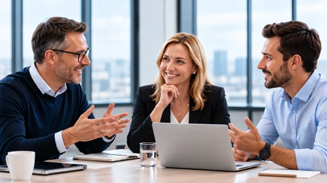 Three colleagues in conversation around a laptop